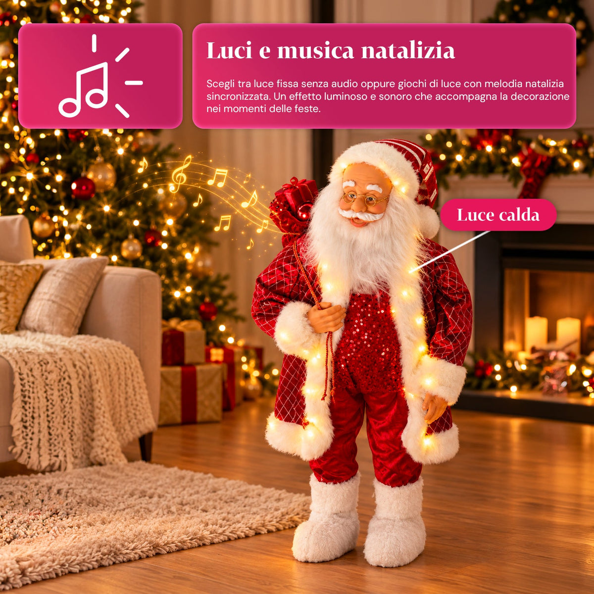 Babbo Natale con luci e musica, statua natalizia decorativa 65-95-120 cm, ornamento luminoso a batteria - Blind Box