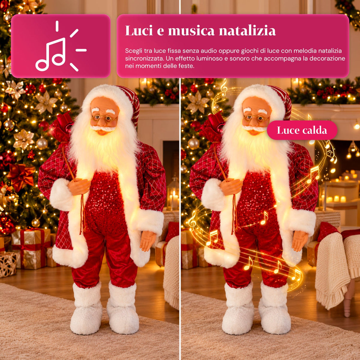 Babbo Natale con luci e musica, statua natalizia decorativa 65-95-120 cm, ornamento luminoso a batteria - Blind Box