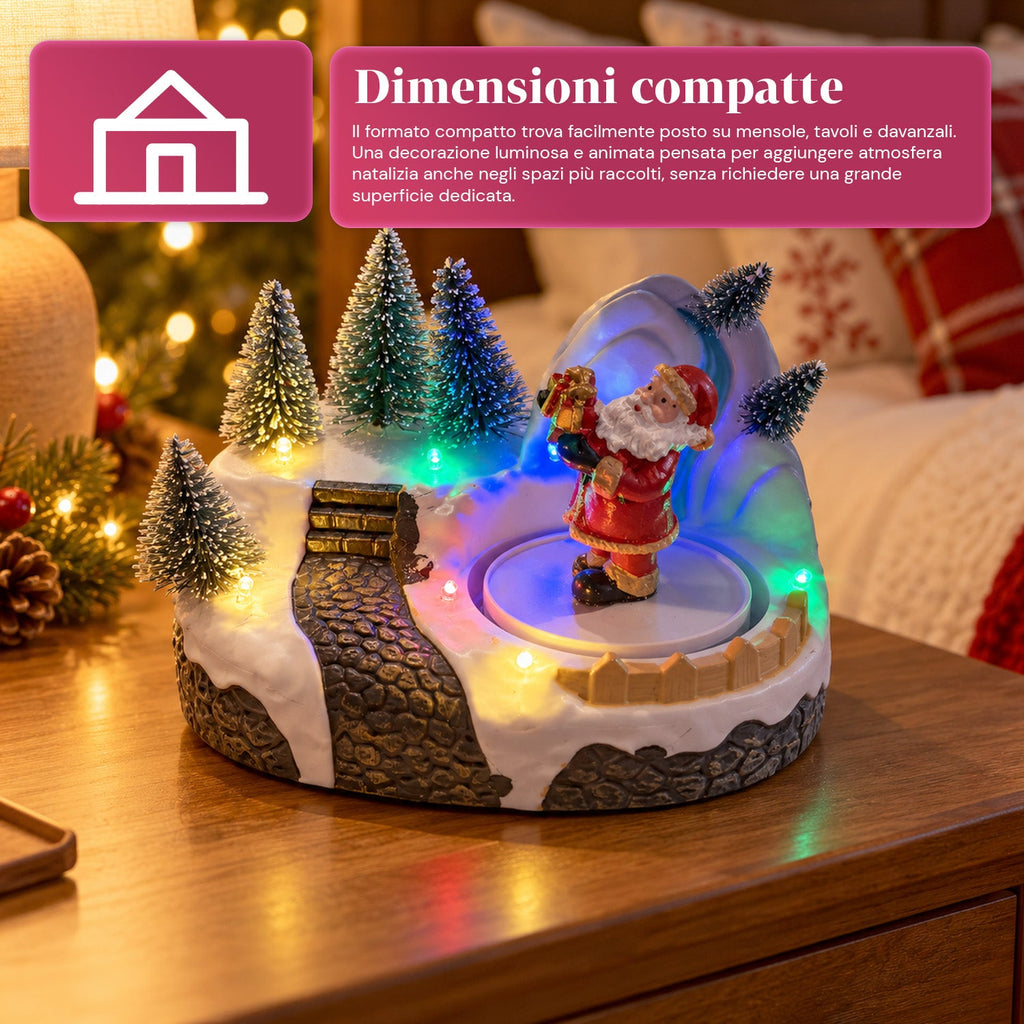 Villaggio di Natale luminoso con elemento rotante, luci LED e musica – 3 varianti: albero, Babbo Natale, bambini – 17x14x15 cm
