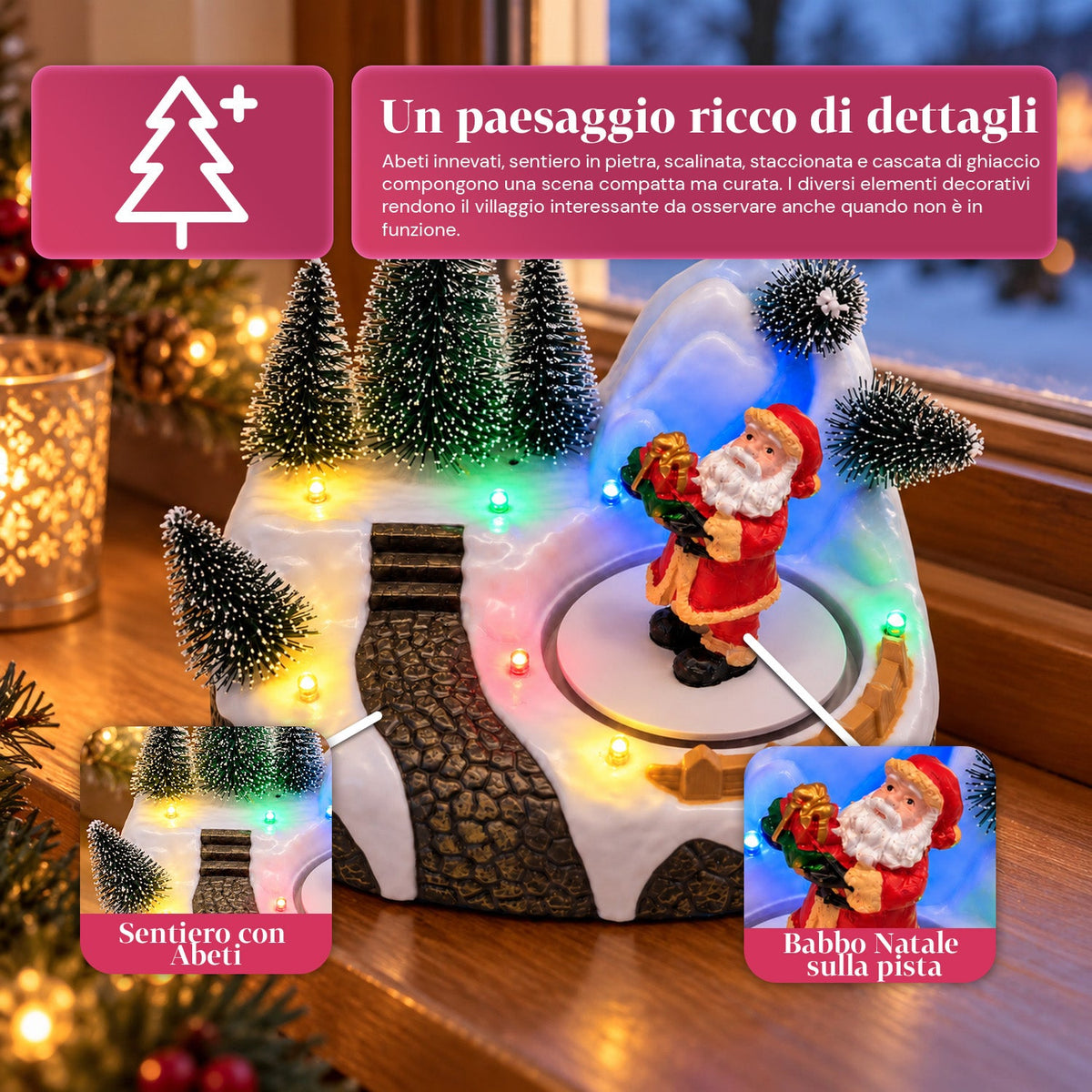 Villaggio di Natale luminoso con elemento rotante, luci LED e musica – 3 varianti: albero, Babbo Natale, bambini – 17x14x15 cm