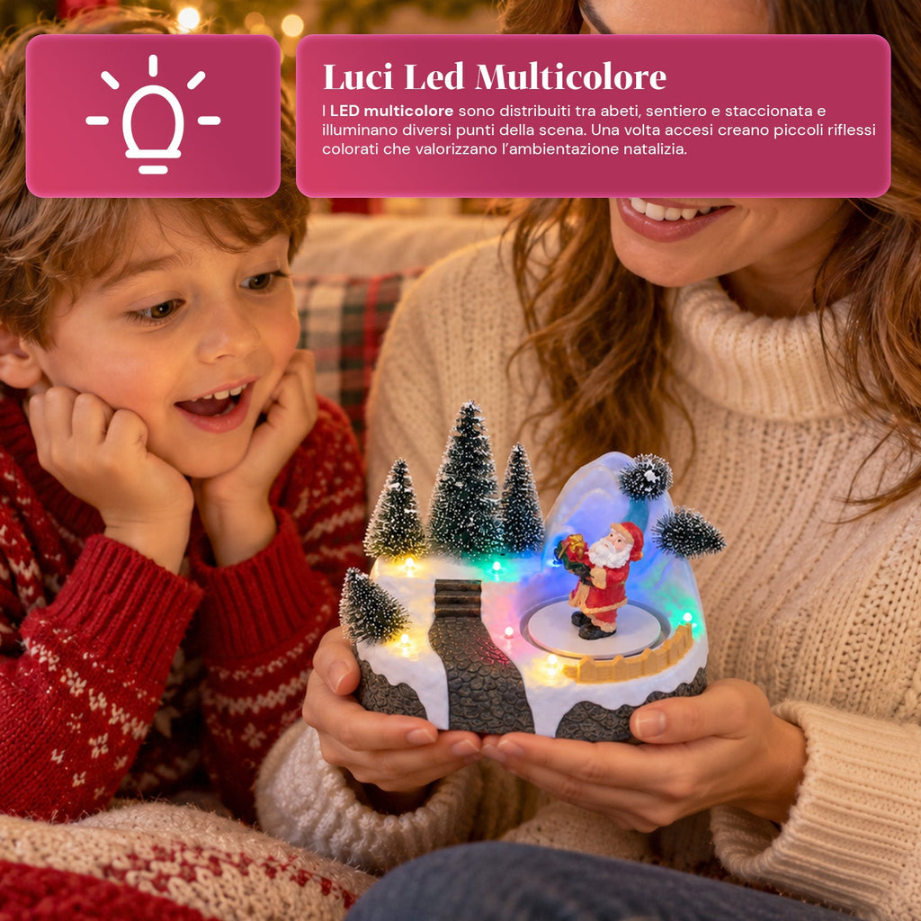 Villaggio di Natale luminoso con elemento rotante, luci LED e musica – 3 varianti: albero, Babbo Natale, bambini – 17x14x15 cm