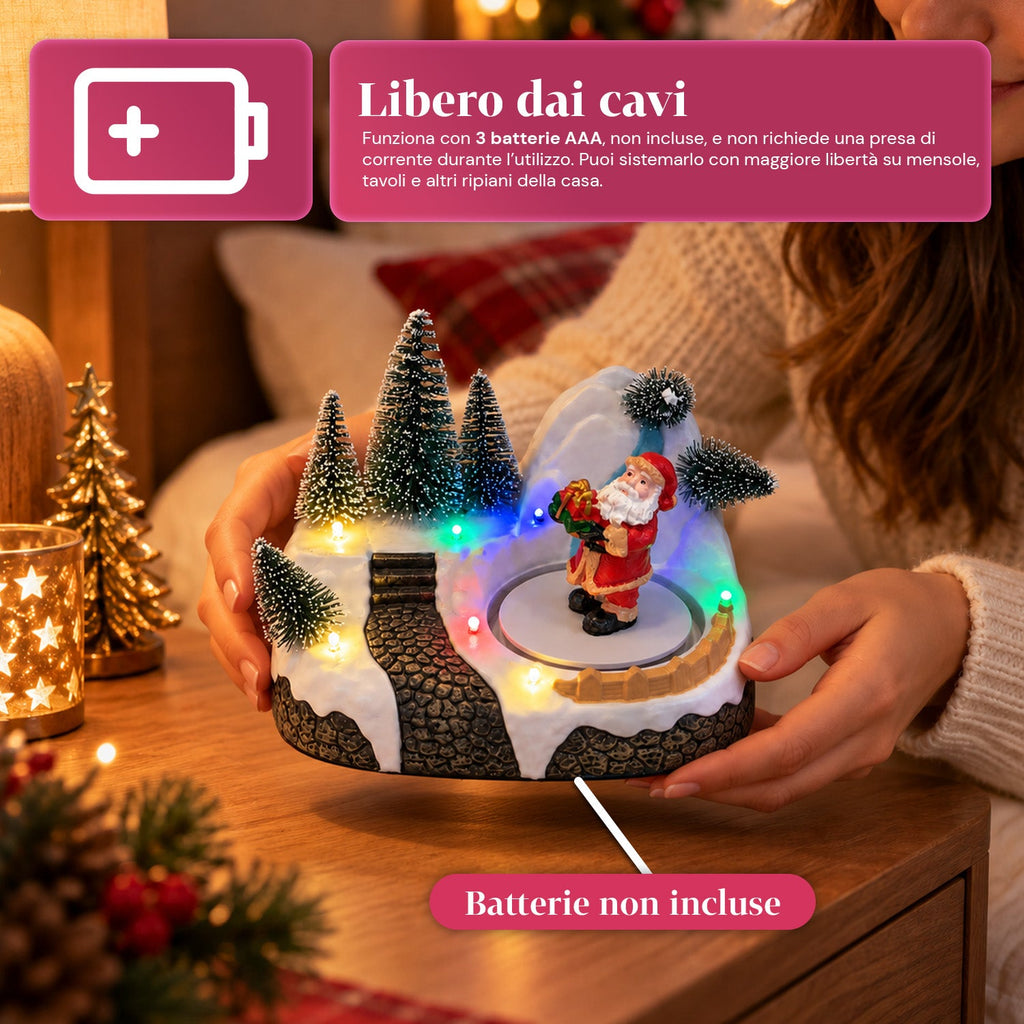 Villaggio di Natale luminoso con elemento rotante, luci LED e musica – 3 varianti: albero, Babbo Natale, bambini – 17x14x15 cm