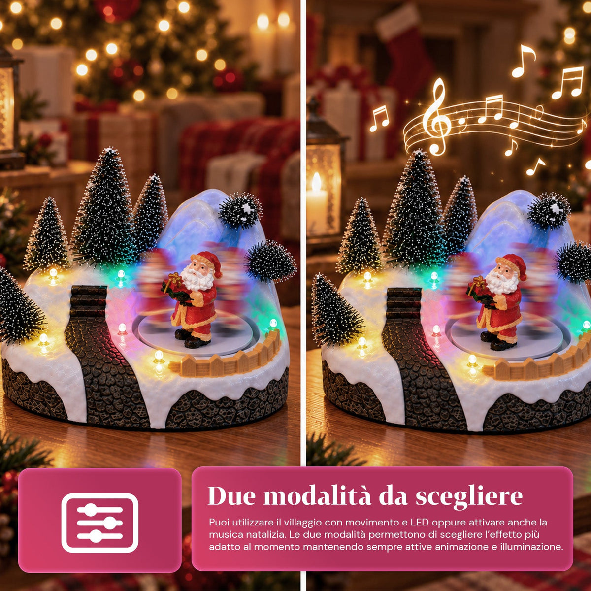Villaggio di Natale luminoso con elemento rotante, luci LED e musica – 3 varianti: albero, Babbo Natale, bambini – 17x14x15 cm