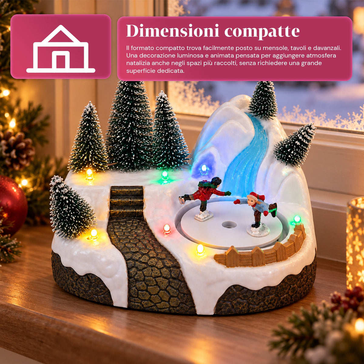 Villaggio di Natale luminoso con elemento rotante, luci LED e musica – 3 varianti: albero, Babbo Natale, bambini – 17x14x15 cm