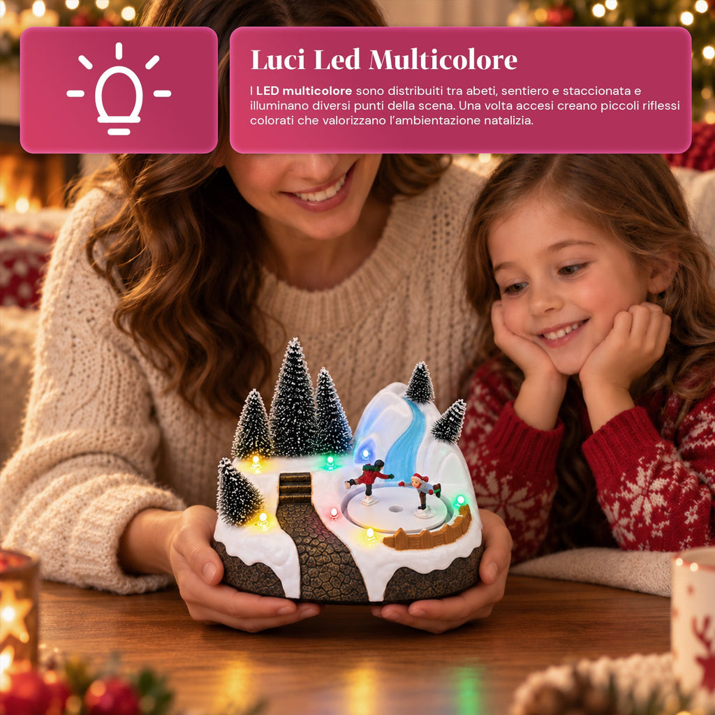 Villaggio di Natale luminoso con elemento rotante, luci LED e musica – 3 varianti: albero, Babbo Natale, bambini – 17x14x15 cm