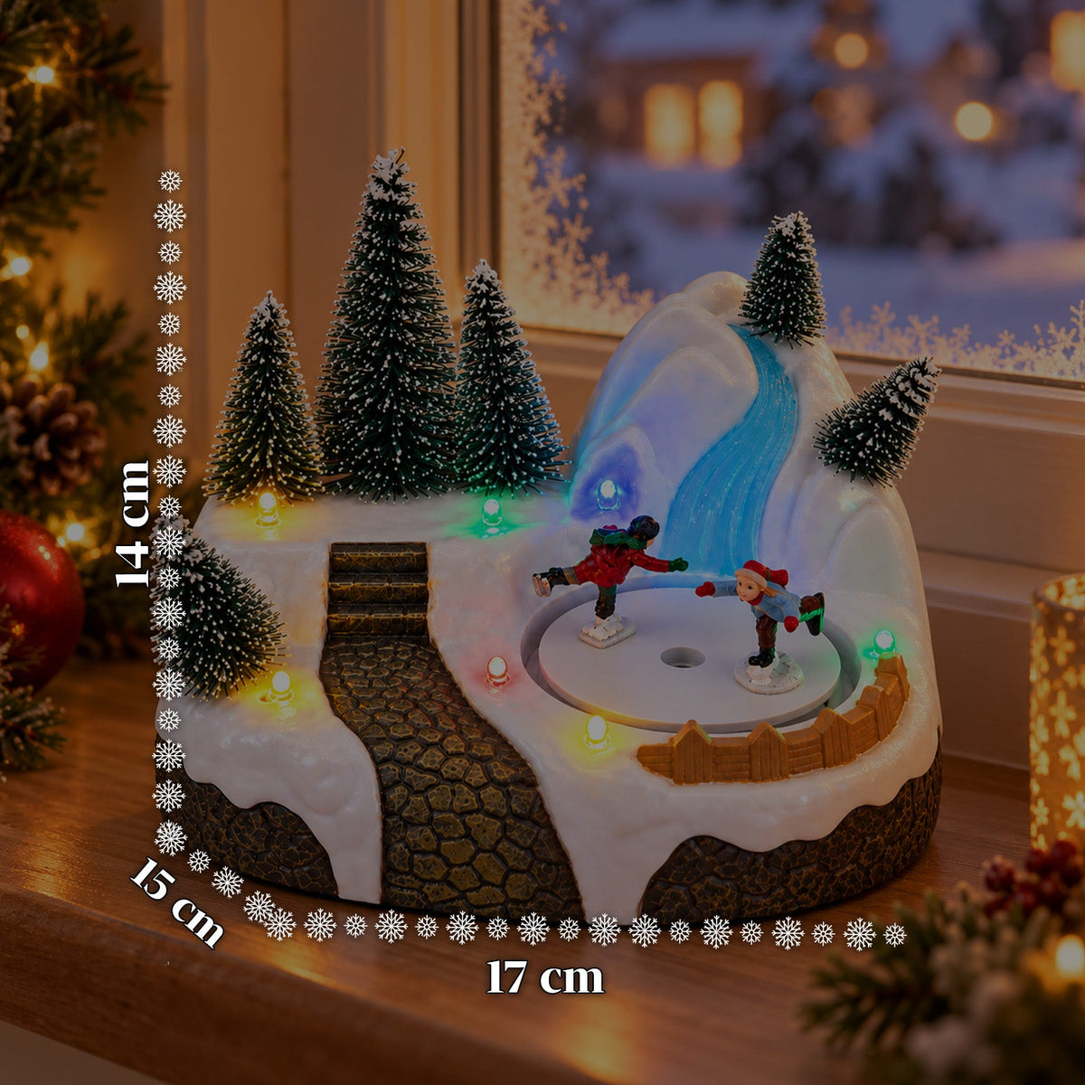 Villaggio di Natale luminoso con elemento rotante, luci LED e musica – 3 varianti: albero, Babbo Natale, bambini – 17x14x15 cm