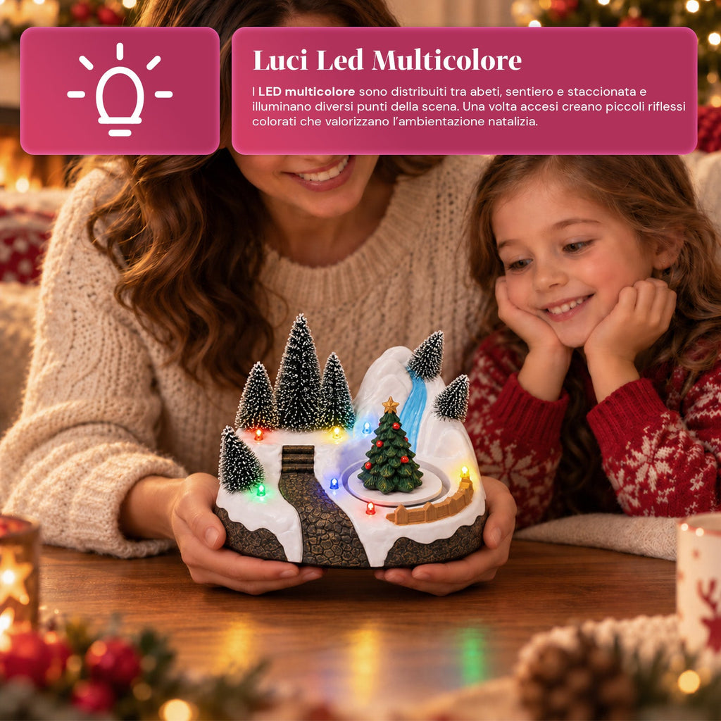 Villaggio di Natale luminoso con elemento rotante, luci LED e musica – 3 varianti: albero, Babbo Natale, bambini – 17x14x15 cm