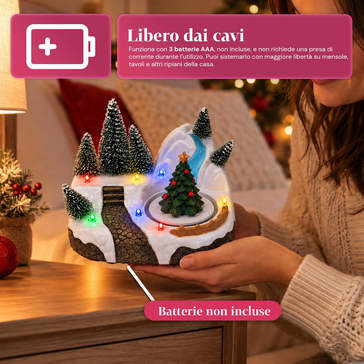 Villaggio di Natale luminoso con elemento rotante, luci LED e musica – 3 varianti: albero, Babbo Natale, bambini – 17x14x15 cm