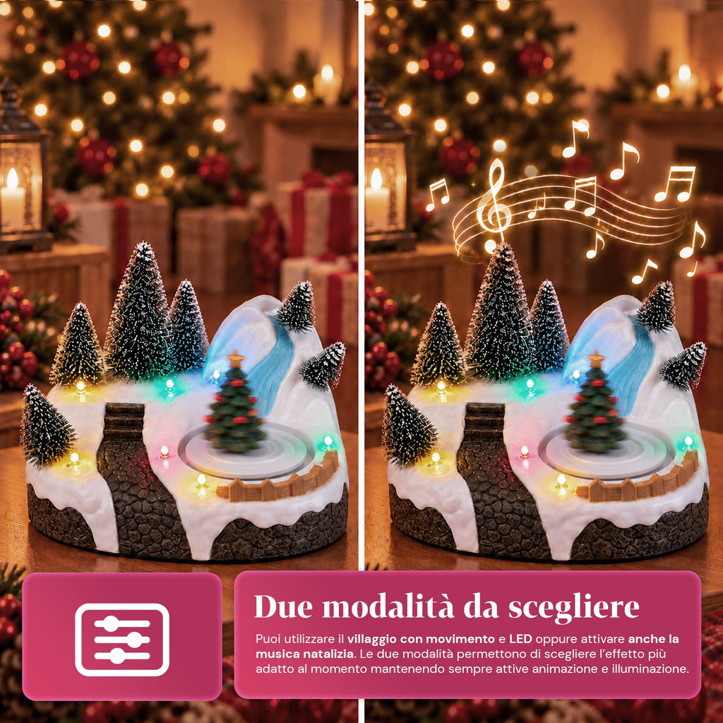 Villaggio di Natale luminoso con elemento rotante, luci LED e musica – 3 varianti: albero, Babbo Natale, bambini – 17x14x15 cm