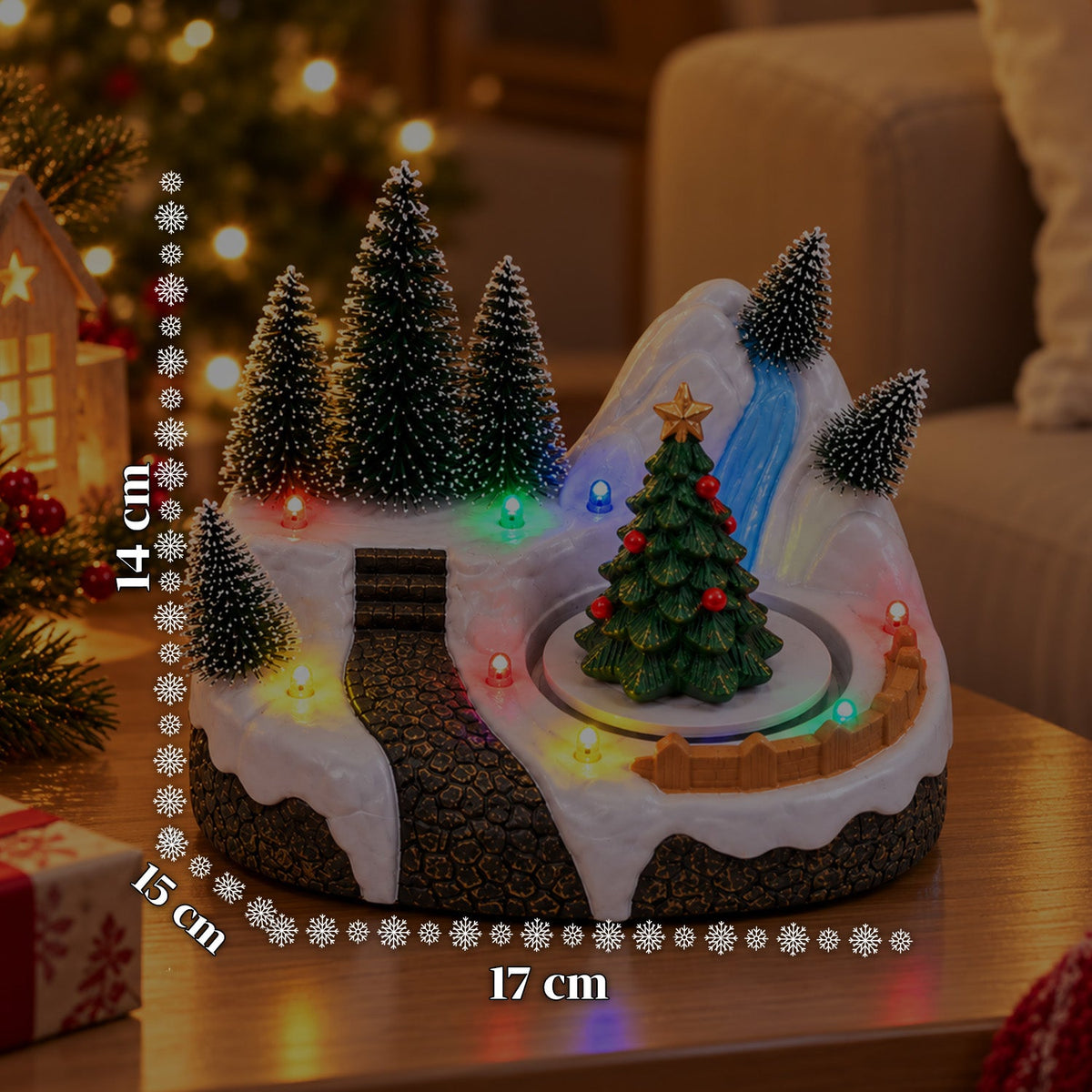 Villaggio di Natale luminoso con elemento rotante, luci LED e musica – 3 varianti: albero, Babbo Natale, bambini – 17x14x15 cm