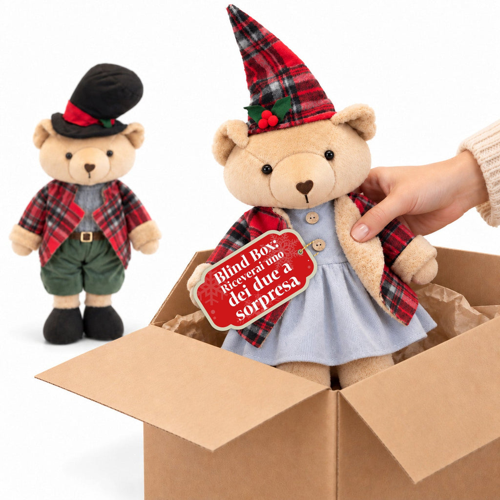 Orso natalizio decorativo 85 cm, peluche da arredo con cappello e abito scozzese, base stabile, rosso o marrone tartan