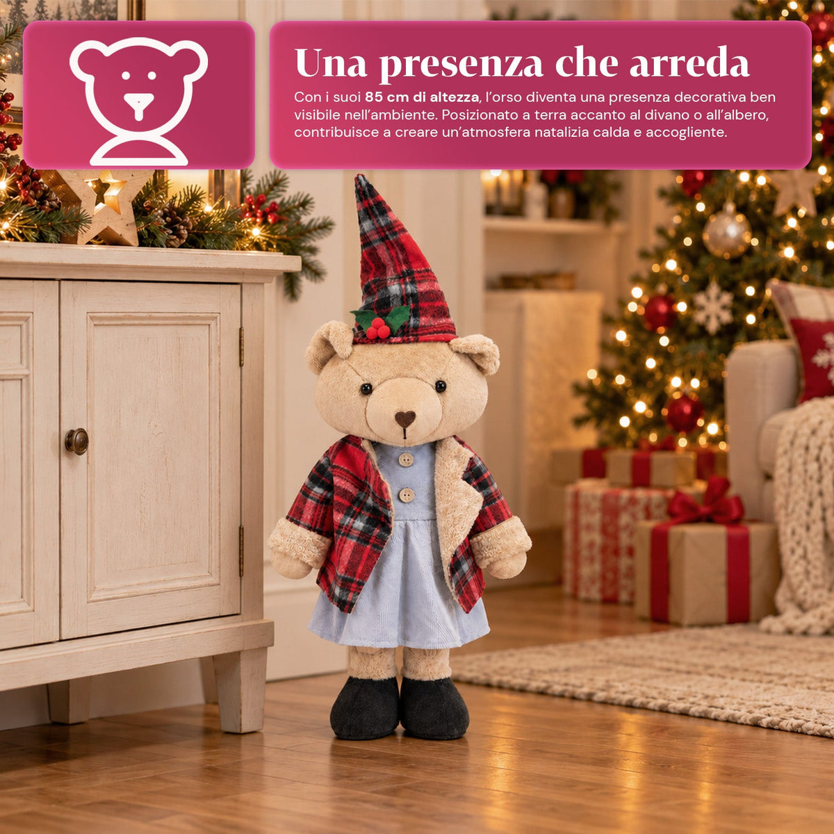 Orso natalizio decorativo 85 cm, peluche da arredo con cappello e abito scozzese, base stabile, rosso o marrone tartan