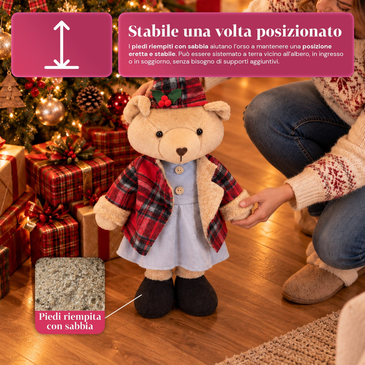 Orso natalizio decorativo 85 cm, peluche da arredo con cappello e abito scozzese, base stabile, rosso o marrone tartan