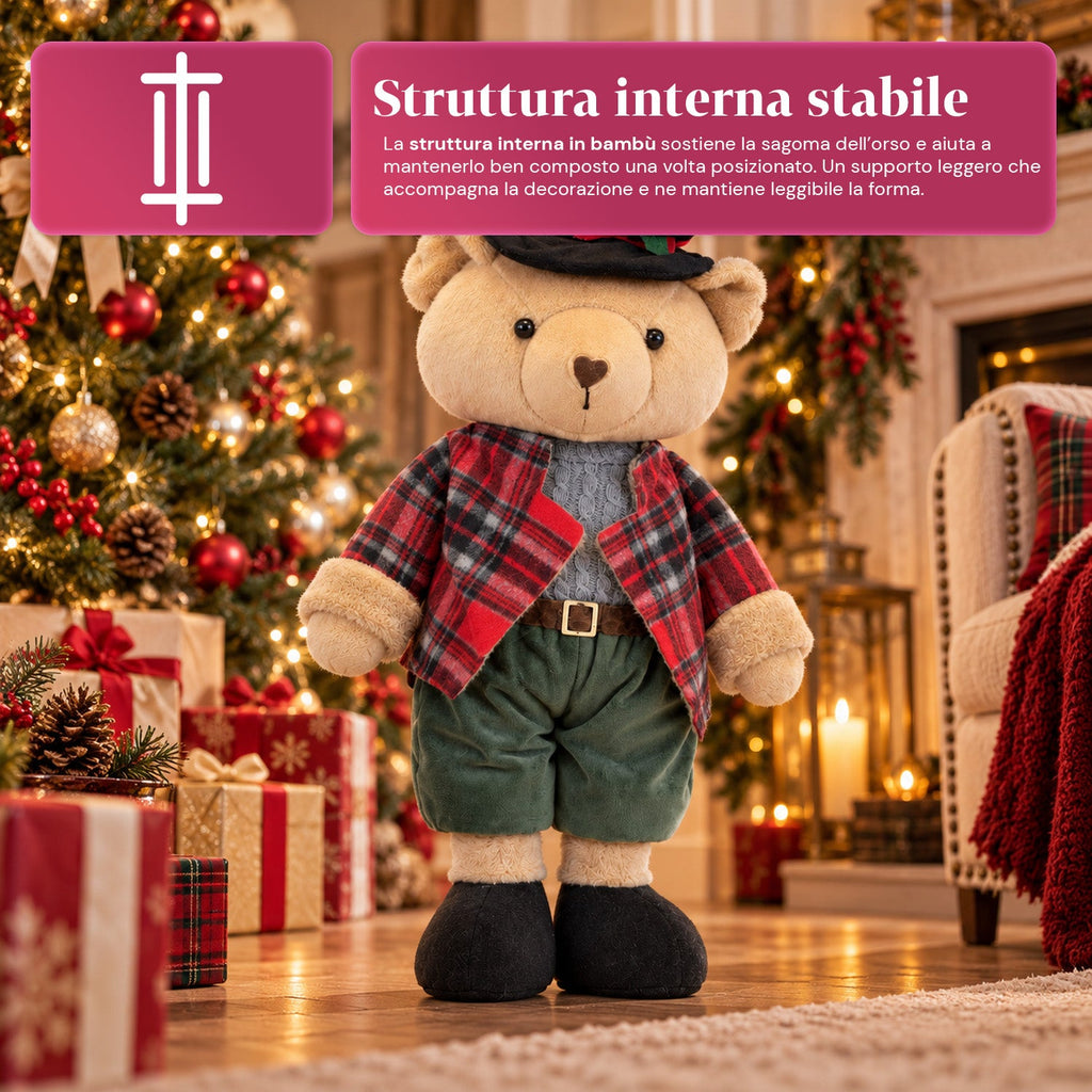 Orso natalizio decorativo 85 cm, peluche da arredo con cappello e abito scozzese, base stabile, rosso o marrone tartan