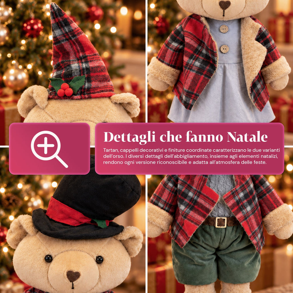 Orso natalizio decorativo 85 cm, peluche da arredo con cappello e abito scozzese, base stabile, rosso o marrone tartan