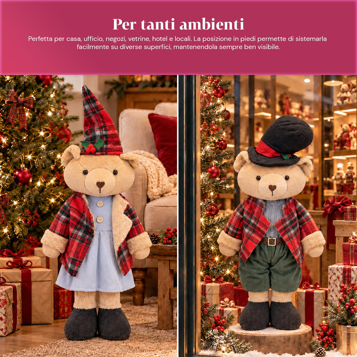 Orso natalizio decorativo 85 cm, peluche da arredo con cappello e abito scozzese, base stabile, rosso o marrone tartan