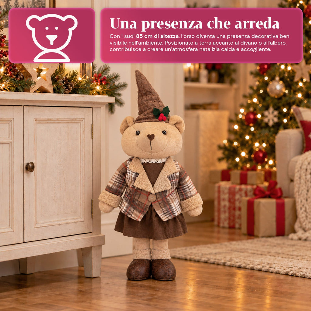 Orso natalizio decorativo 85 cm, peluche da arredo con cappello e abito scozzese, base stabile, rosso o marrone tartan