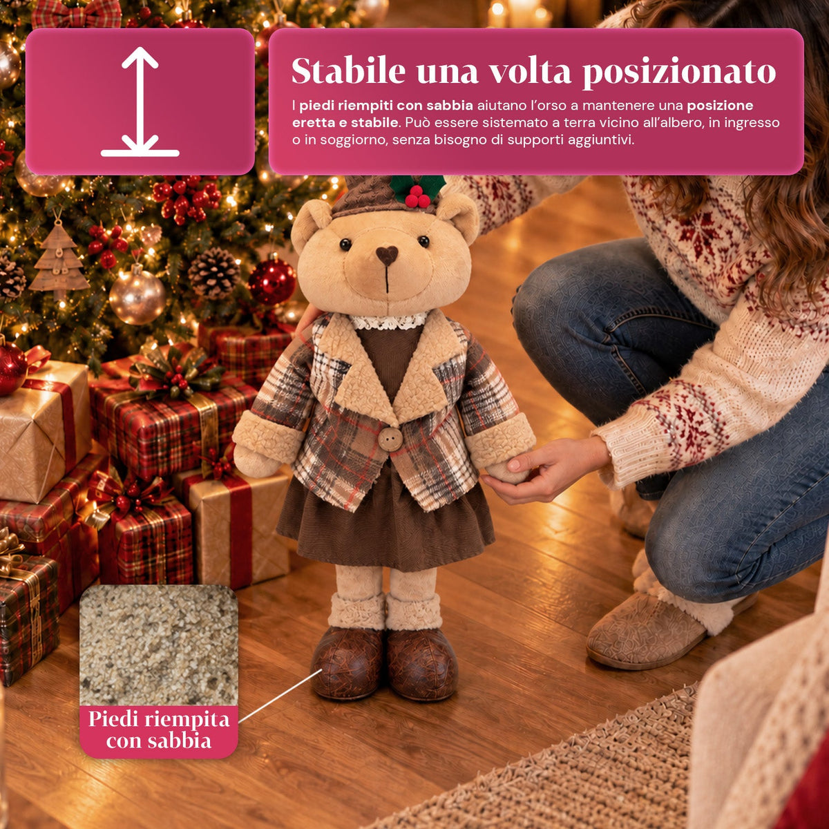 Orso natalizio decorativo 85 cm, peluche da arredo con cappello e abito scozzese, base stabile, rosso o marrone tartan