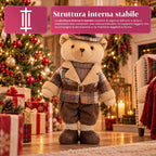 Orso natalizio decorativo 85 cm, peluche da arredo con cappello e abito scozzese, base stabile, rosso o marrone tartan