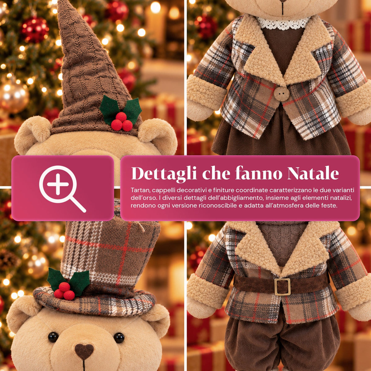 Orso natalizio decorativo 85 cm, peluche da arredo con cappello e abito scozzese, base stabile, rosso o marrone tartan
