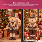 Orso natalizio decorativo 85 cm, peluche da arredo con cappello e abito scozzese, base stabile, rosso o marrone tartan