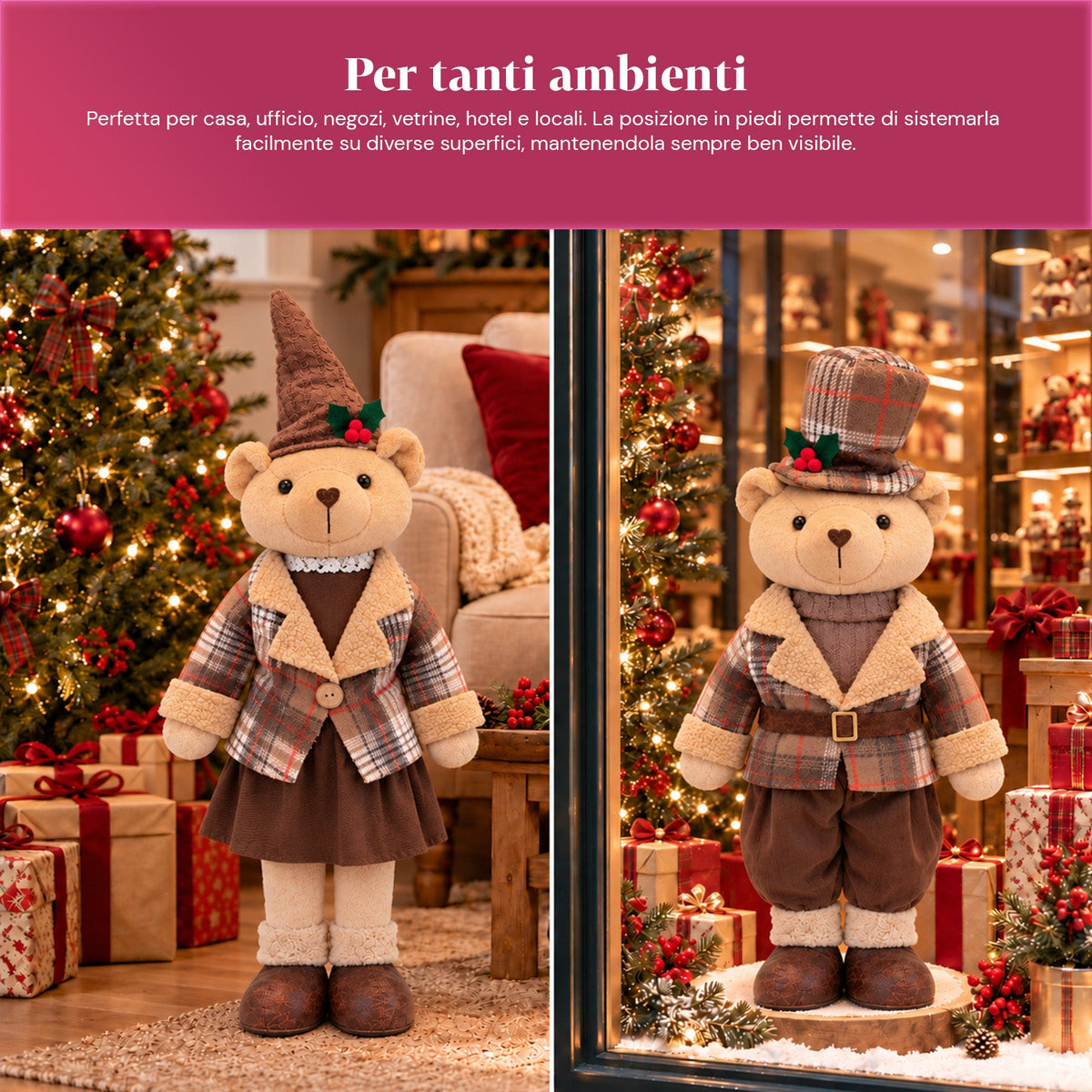 Orso natalizio decorativo 85 cm, peluche da arredo con cappello e abito scozzese, base stabile, rosso o marrone tartan