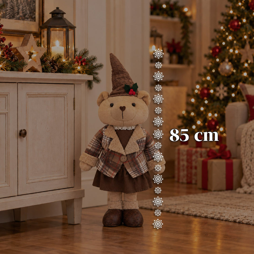 Orso natalizio decorativo 85 cm, peluche da arredo con cappello e abito scozzese, base stabile, rosso o marrone tartan