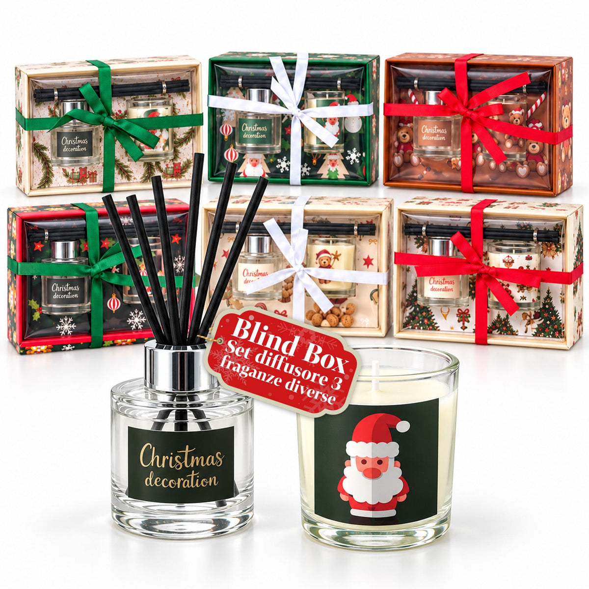 Set Diffusore di Fragranze per Ambienti con Bastoncini e Candela Profumata, Fragranze Natalizie, Cofanetto Regalo di Natale
