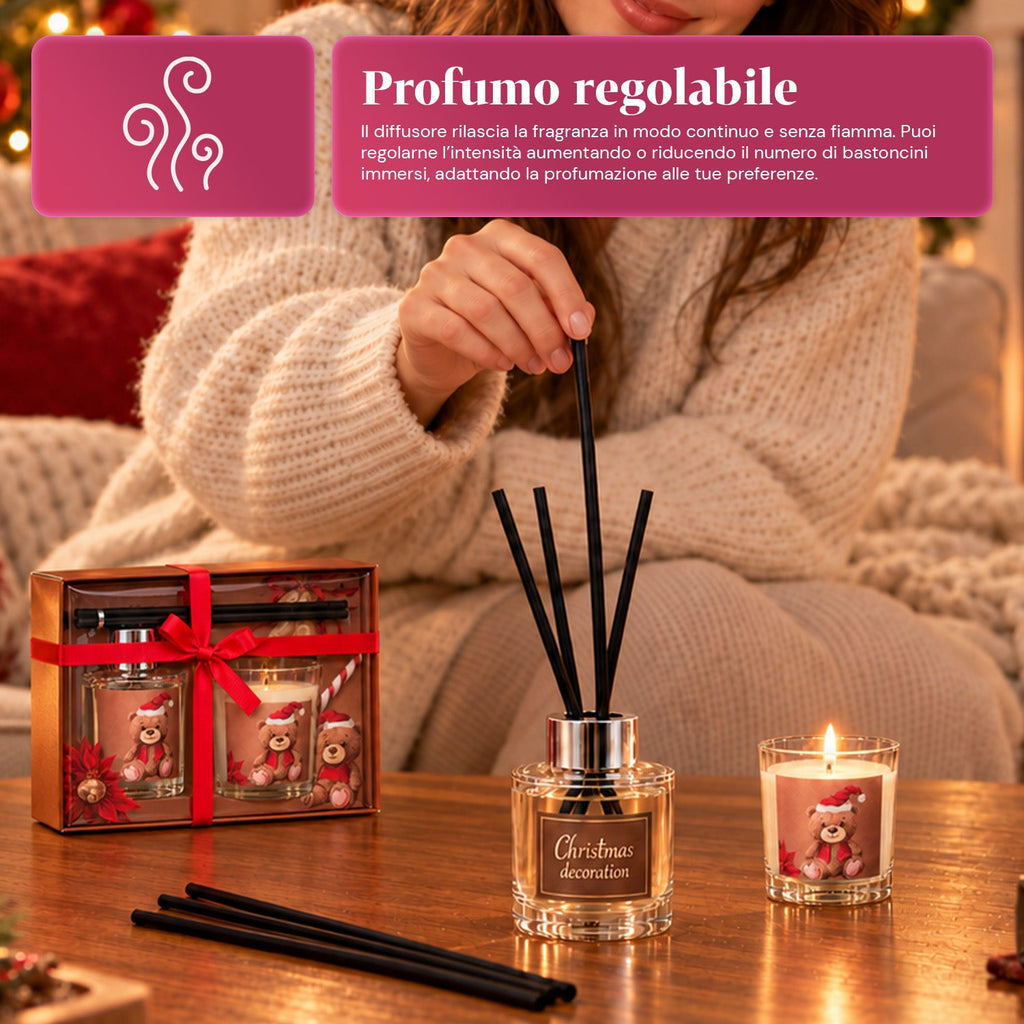 Set Diffusore di Fragranze per Ambienti con Bastoncini e Candela Profumata, Fragranze Natalizie, Cofanetto Regalo di Natale