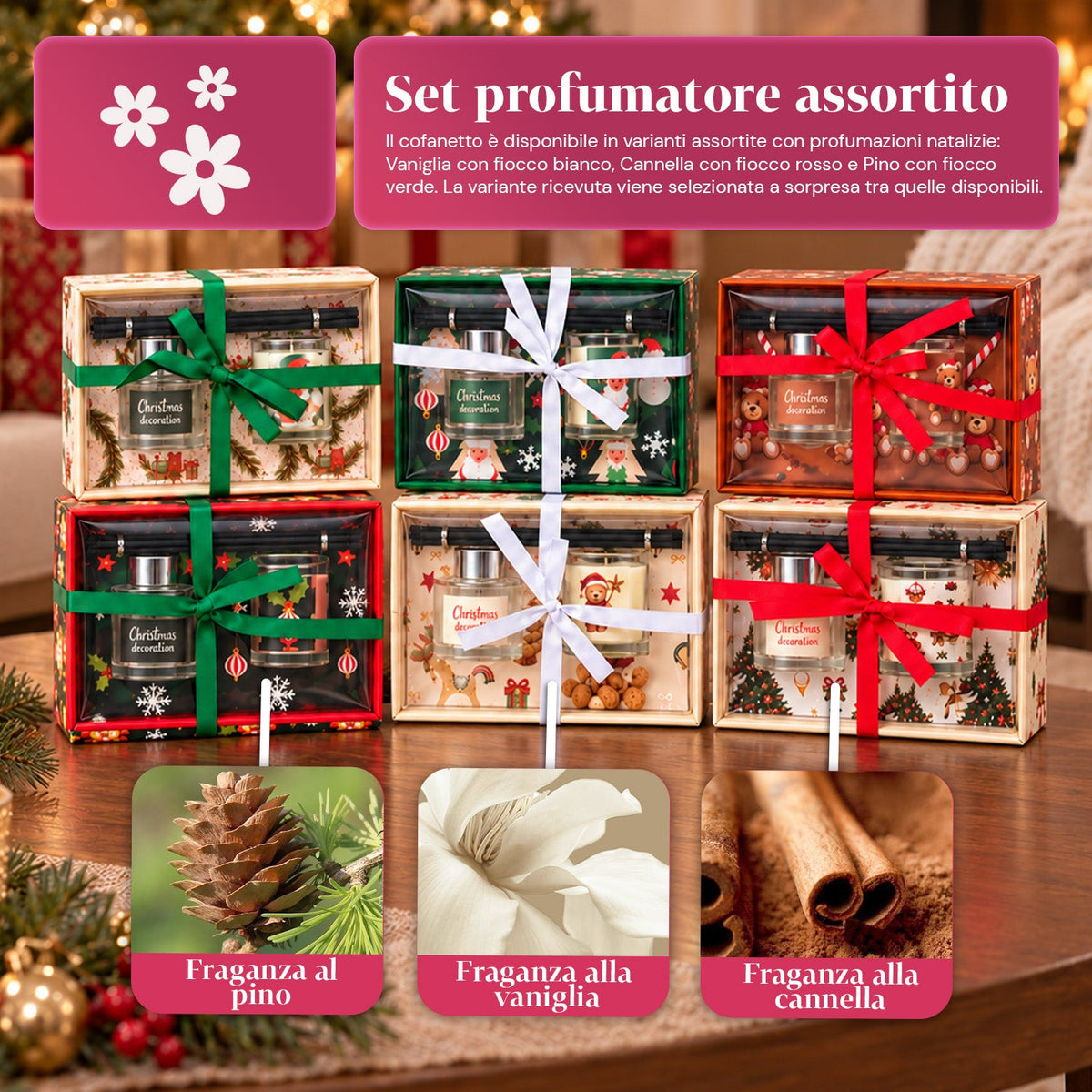 Set Diffusore di Fragranze per Ambienti con Bastoncini e Candela Profumata, Fragranze Natalizie, Cofanetto Regalo di Natale