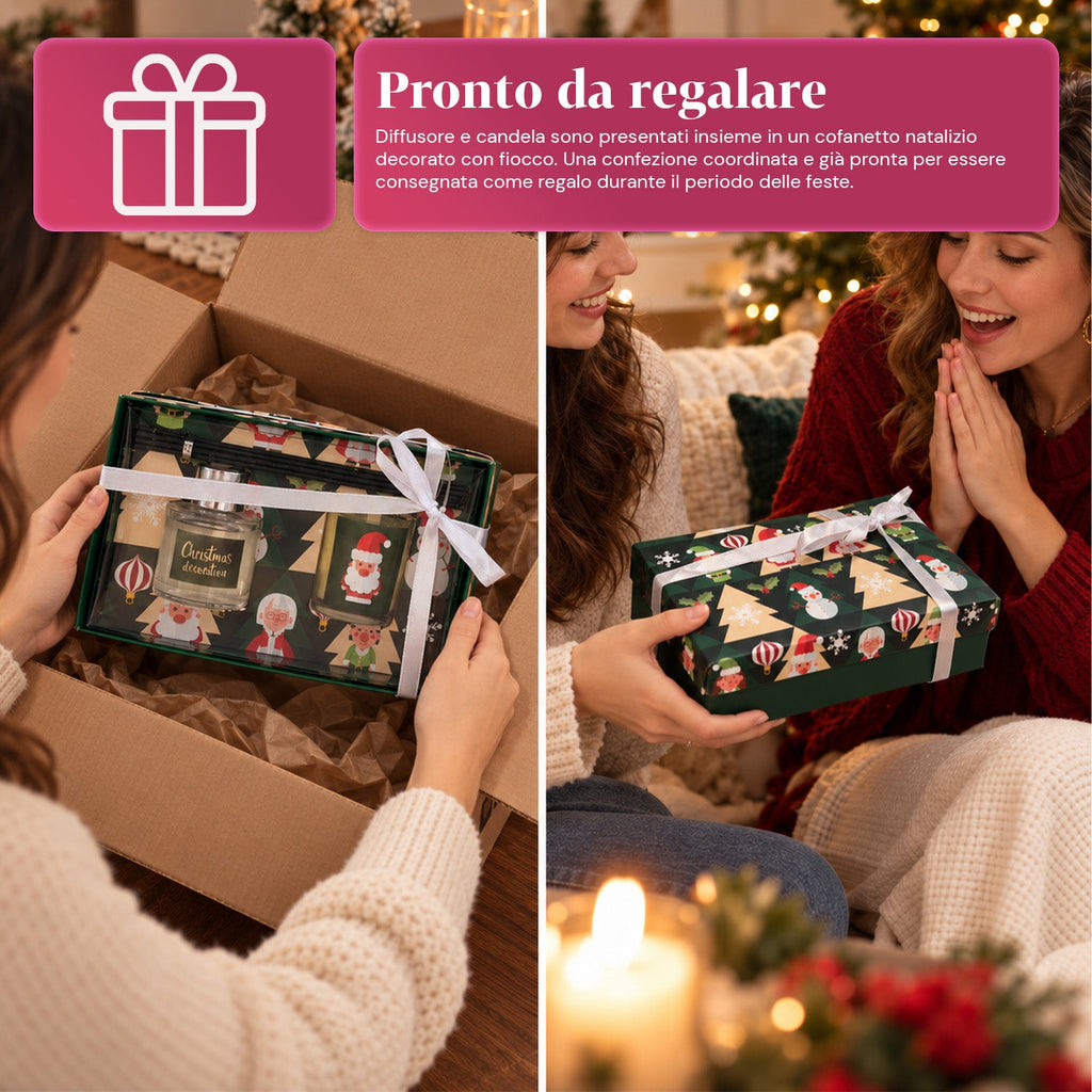 Set Diffusore di Fragranze per Ambienti con Bastoncini e Candela Profumata, Fragranze Natalizie, Cofanetto Regalo di Natale