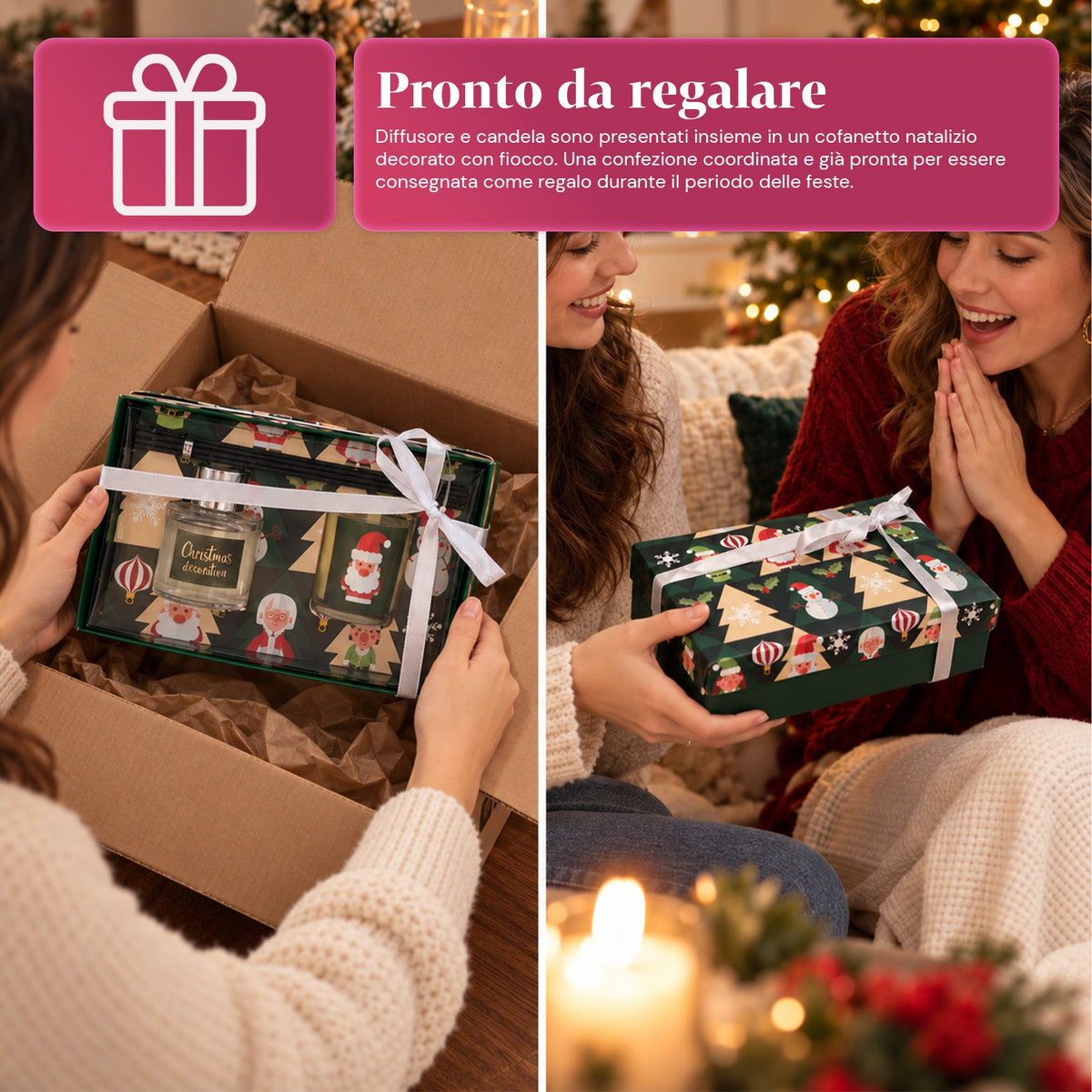 Set Diffusore di Fragranze per Ambienti con Bastoncini e Candela Profumata, Fragranze Natalizie, Cofanetto Regalo di Natale