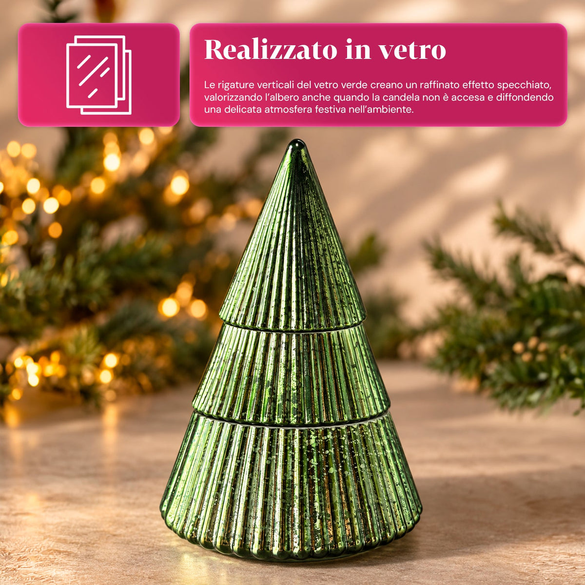 Candela Profumata in Vetro Decorato a Forma di Sfera o Albero – Fragranze Pino, Cannella e Vaniglia – Contenitore Riutilizzabile