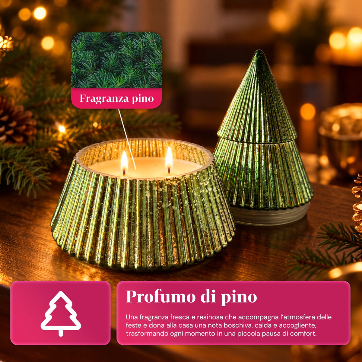 Candela Profumata in Vetro Decorato a Forma di Sfera o Albero – Fragranze Pino, Cannella e Vaniglia – Contenitore Riutilizzabile