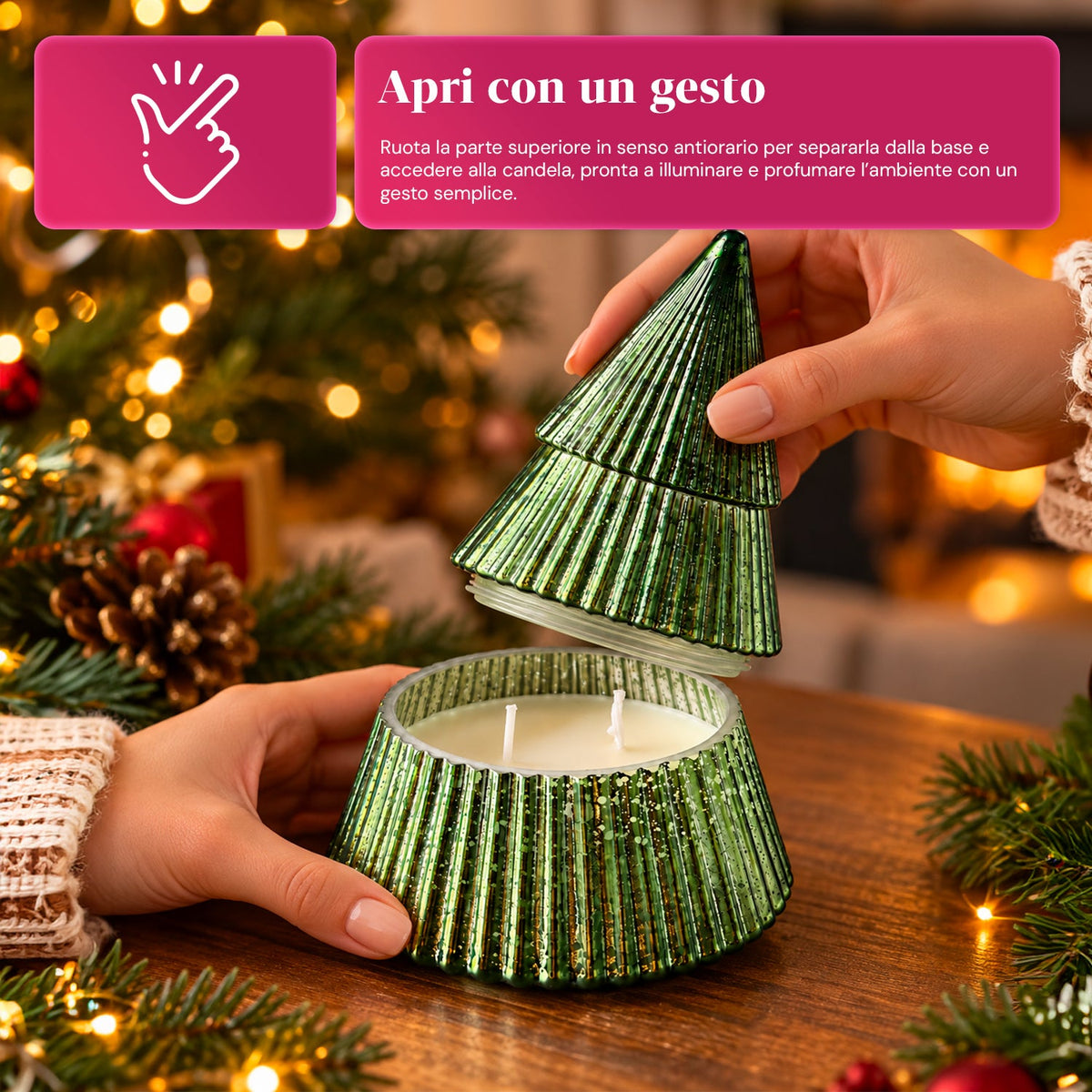 Candela Profumata in Vetro Decorato a Forma di Sfera o Albero – Fragranze Pino, Cannella e Vaniglia – Contenitore Riutilizzabile