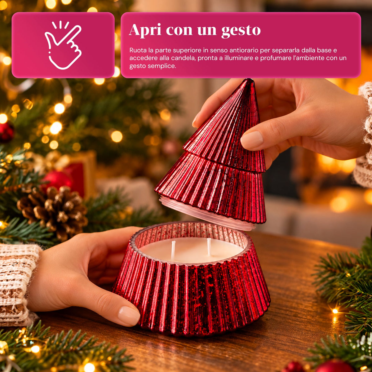 Candela Profumata in Vetro Decorato a Forma di Sfera o Albero – Fragranze Pino, Cannella e Vaniglia – Contenitore Riutilizzabile