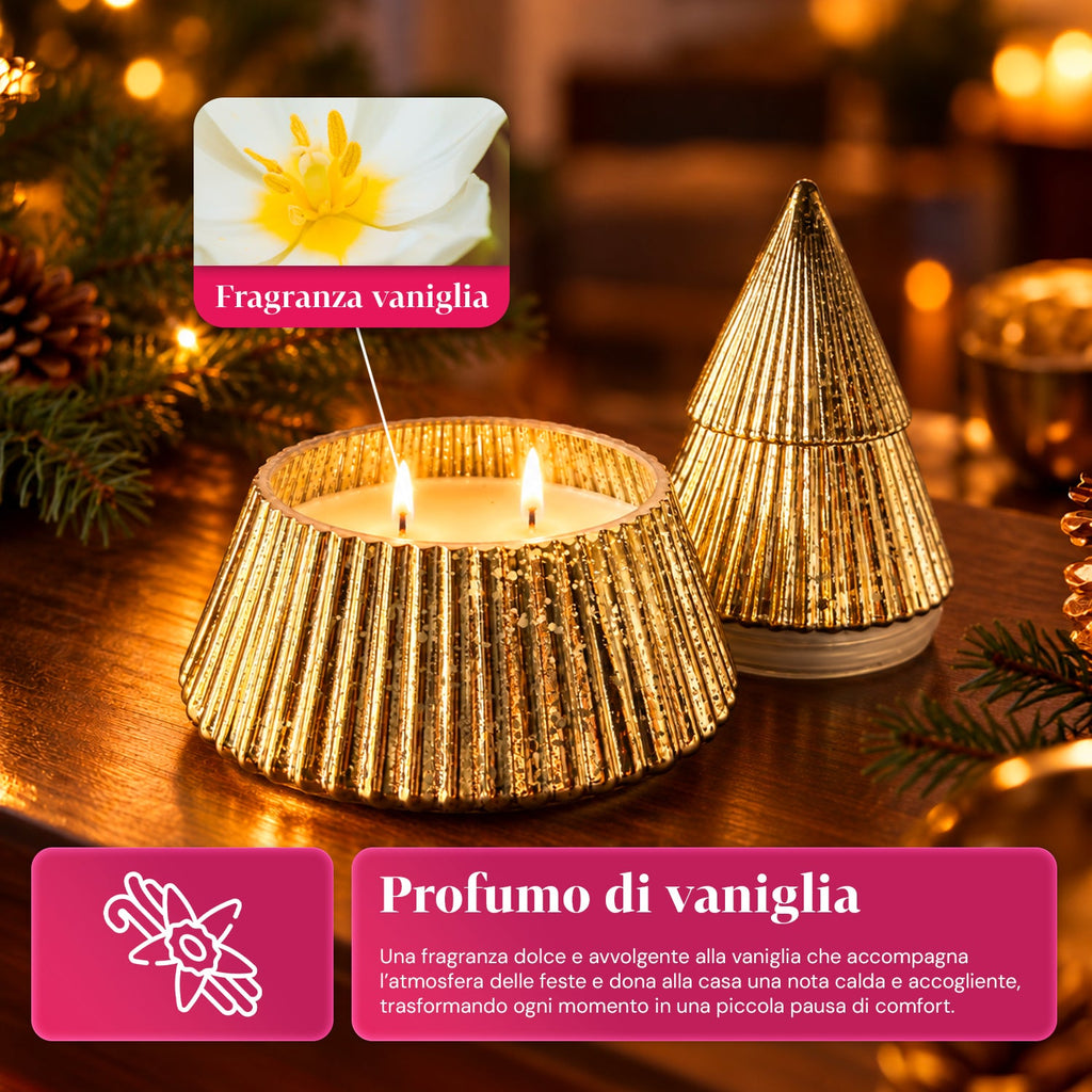 Candela Profumata in Vetro Decorato a Forma di Sfera o Albero – Fragranze Pino, Cannella e Vaniglia – Contenitore Riutilizzabile