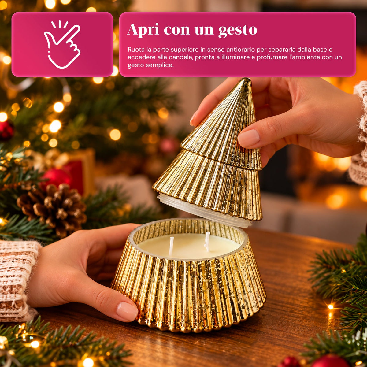 Candela Profumata in Vetro Decorato a Forma di Sfera o Albero – Fragranze Pino, Cannella e Vaniglia – Contenitore Riutilizzabile