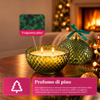 Candela Profumata in Vetro Decorato a Forma di Sfera o Albero – Fragranze Pino, Cannella e Vaniglia – Contenitore Riutilizzabile