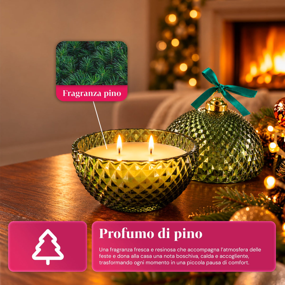 Candela Profumata in Vetro Decorato a Forma di Sfera o Albero – Fragranze Pino, Cannella e Vaniglia – Contenitore Riutilizzabile