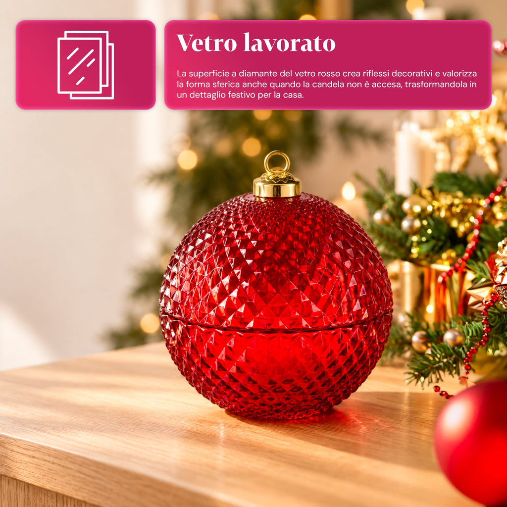 Candela Profumata in Vetro Decorato a Forma di Sfera o Albero – Fragranze Pino, Cannella e Vaniglia – Contenitore Riutilizzabile
