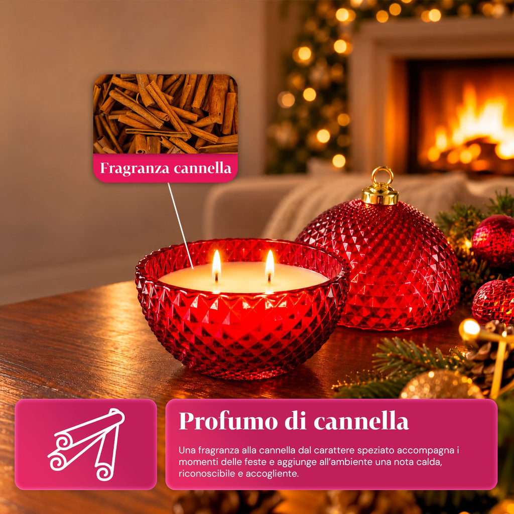 Candela Profumata in Vetro Decorato a Forma di Sfera o Albero – Fragranze Pino, Cannella e Vaniglia – Contenitore Riutilizzabile