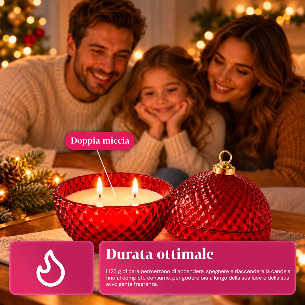 Candela Profumata in Vetro Decorato a Forma di Sfera o Albero – Fragranze Pino, Cannella e Vaniglia – Contenitore Riutilizzabile