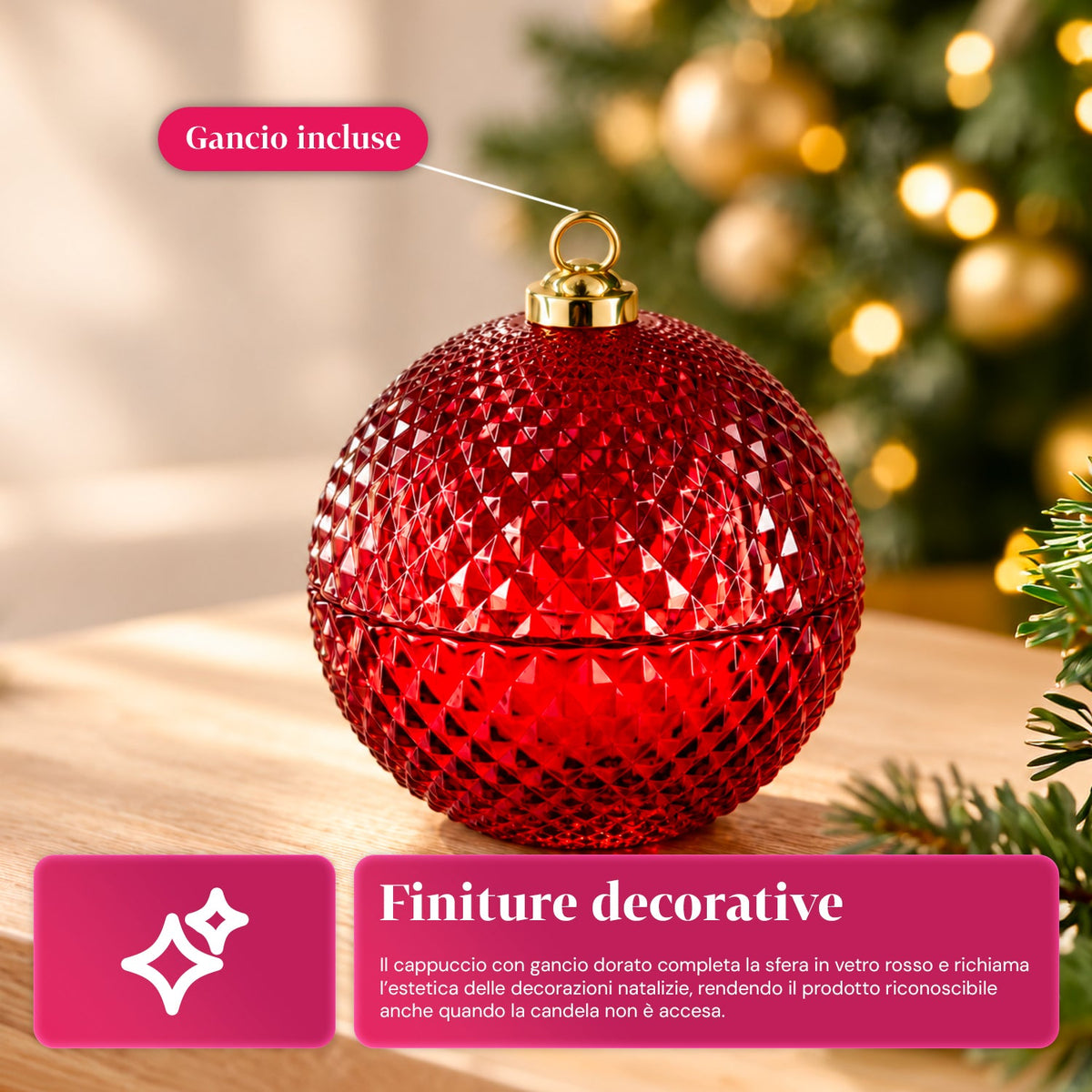 Candela Profumata in Vetro Decorato a Forma di Sfera o Albero – Fragranze Pino, Cannella e Vaniglia – Contenitore Riutilizzabile