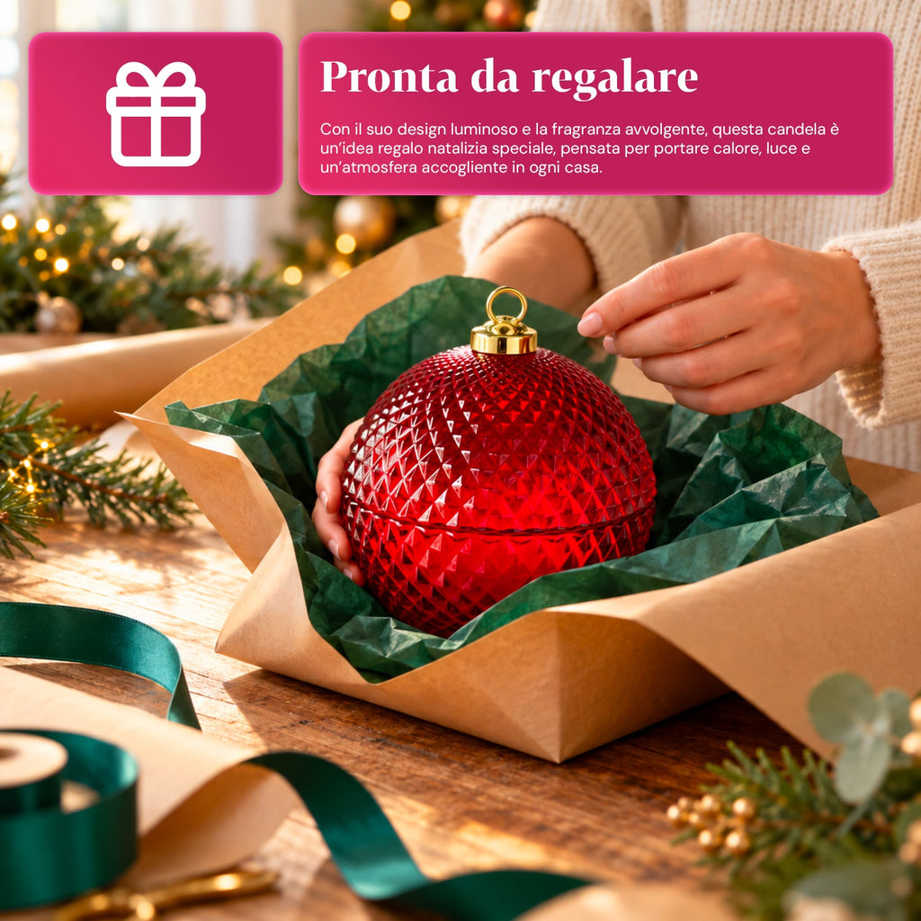 Candela Profumata in Vetro Decorato a Forma di Sfera o Albero – Fragranze Pino, Cannella e Vaniglia – Contenitore Riutilizzabile