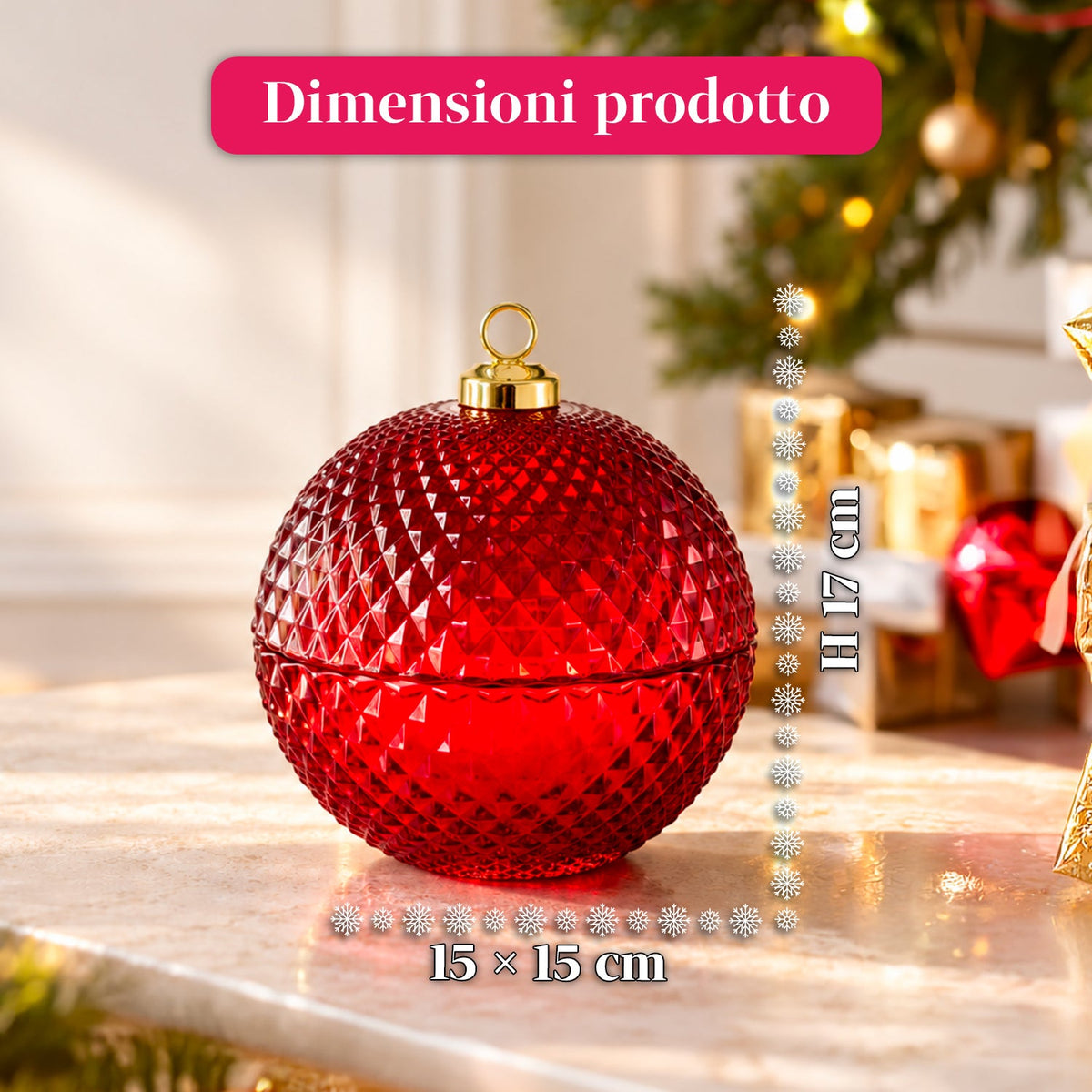 Candela Profumata in Vetro Decorato a Forma di Sfera o Albero – Fragranze Pino, Cannella e Vaniglia – Contenitore Riutilizzabile