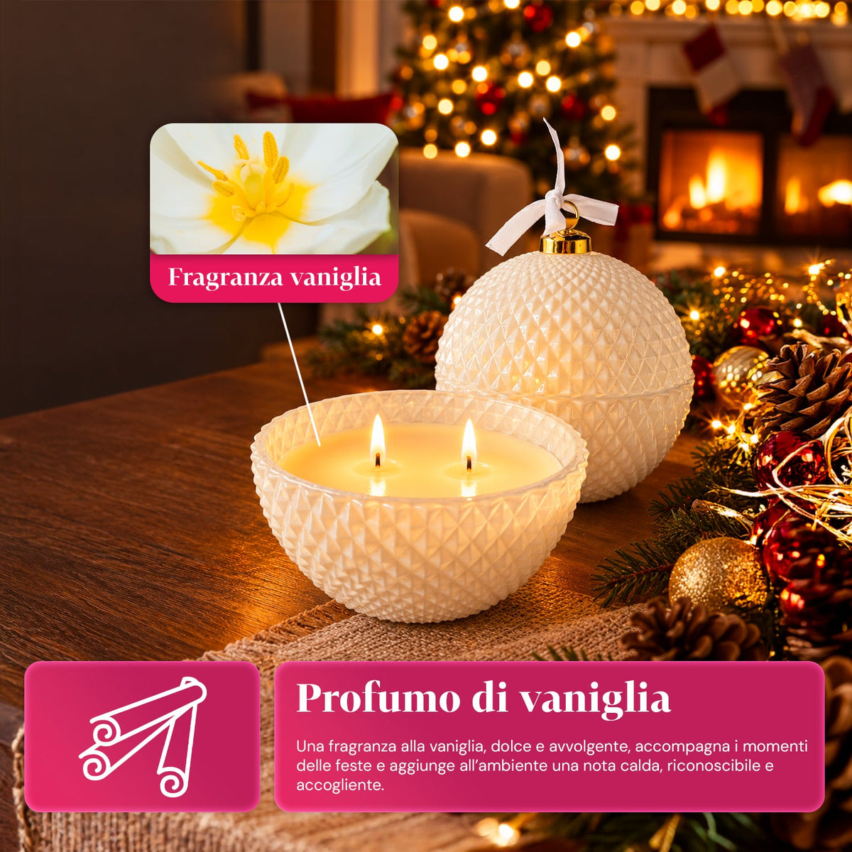 Candela Profumata in Vetro Decorato a Forma di Sfera o Albero – Fragranze Pino, Cannella e Vaniglia – Contenitore Riutilizzabile