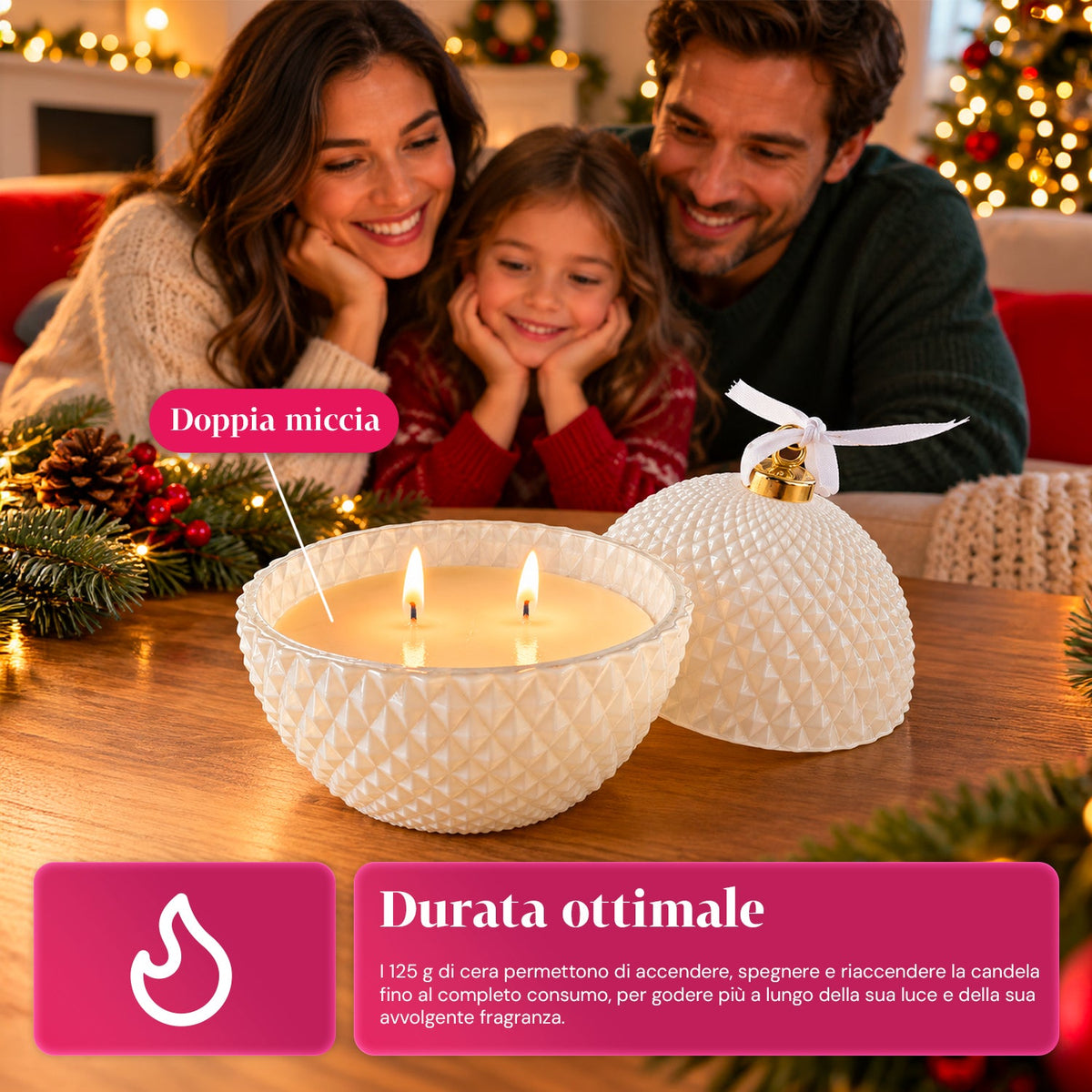 Candela Profumata in Vetro Decorato a Forma di Sfera o Albero – Fragranze Pino, Cannella e Vaniglia – Contenitore Riutilizzabile
