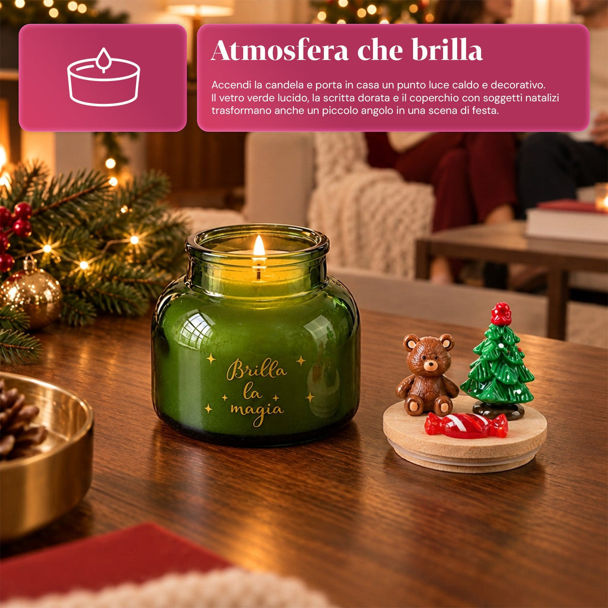 Scented Candle in Glass Jar with Decorated Lid – Pine, Cinnamon and Vanilla Fragrances – Reusable Container with Inscription