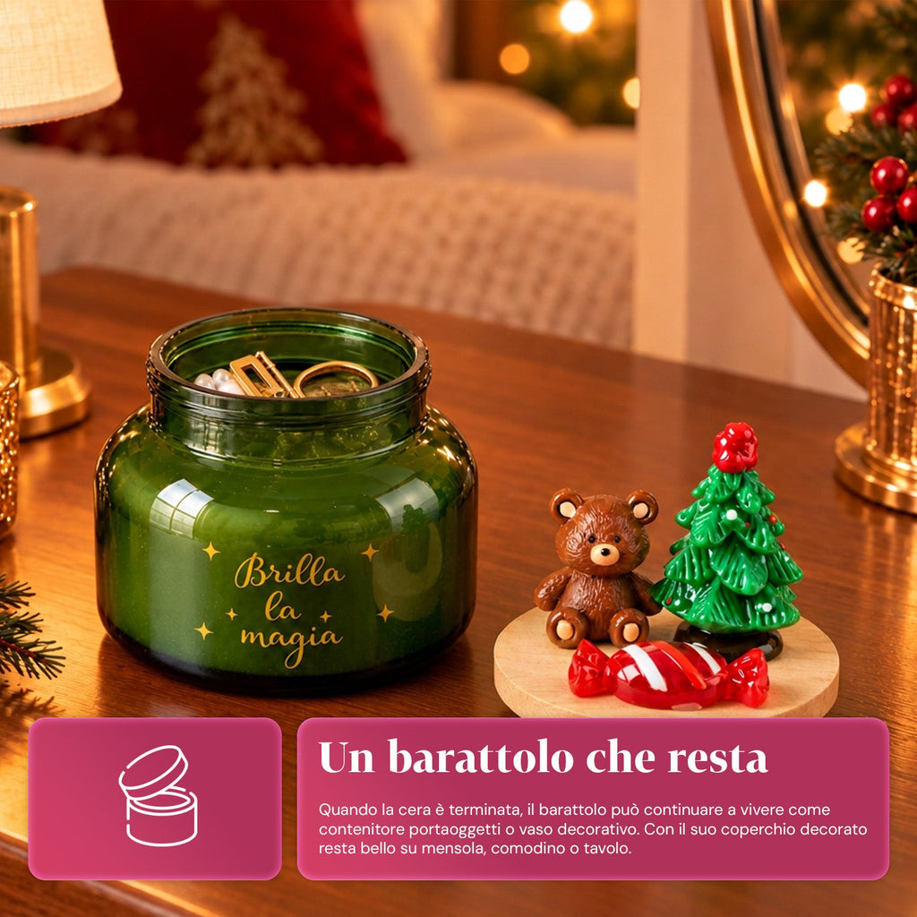 Scented Candle in Glass Jar with Decorated Lid – Pine, Cinnamon and Vanilla Fragrances – Reusable Container with Inscription